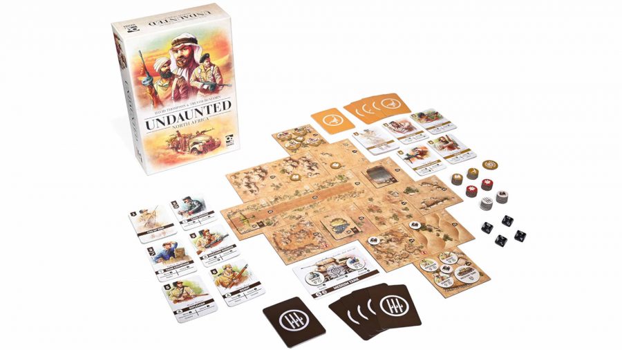 Undaunted: North Africa box, cards, and cards arranged mid-game