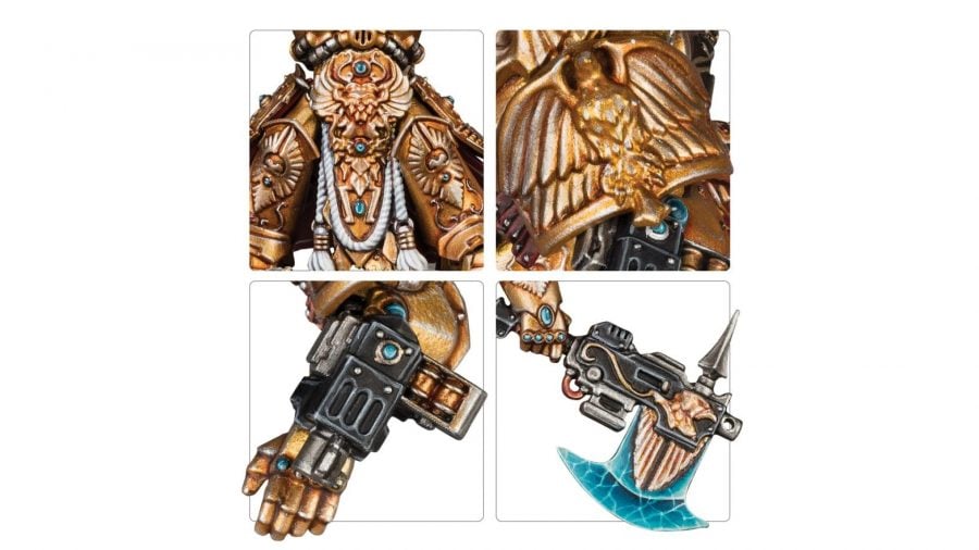 Warhammer 40k Adeptus Custodes lore, tactics, and models - Warhammer Community photo showing the allarus terminator armour details close up