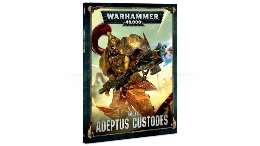 Warhammer 40k Adeptus Custodes lore, tactics, and models - Warhammer Community photo showing the front cover of the 8th edition Adeptus Custodes codex