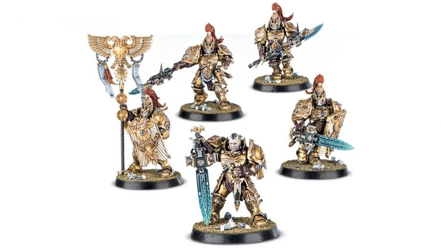 Warhammer 40k Adeptus Custodes lore, tactics, and models - Warhammer Community photo showing the models for the Custodian Guards