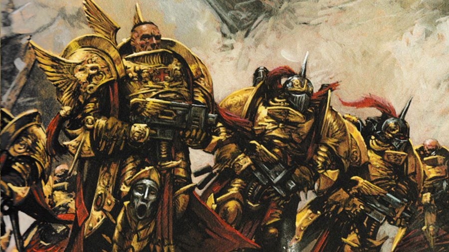 Warhammer 40k Adeptus Custodes lore, tactics, and models - Warhammer Community artwork showing Adeptus Custodes warriors charging