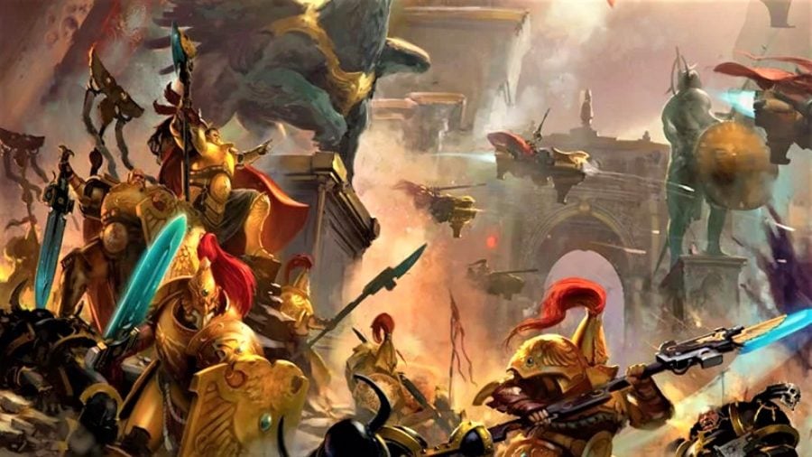 Warhammer 40k Adeptus Custodes lore, tactics, and models - Warhammer Community artwork from the 8th edition codex showing Custodians fighting chaos space marines