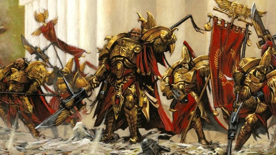 Warhammer 40k Adeptus Custodes lore, tactics, and models - Warhammer Community artwork showing Adeptus Custodes warriors marching into battle
