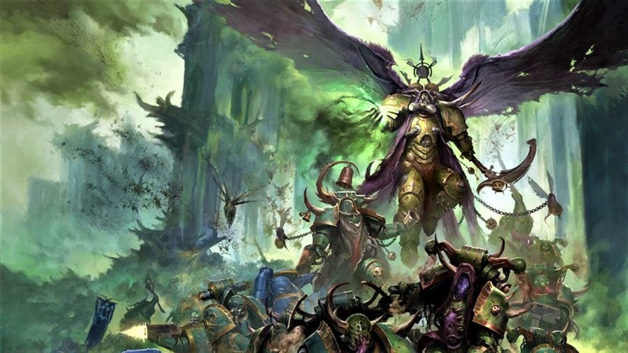 Warhammer 40k Death Guard army guide - Warhammer Community artwork showing Mortarion at the head of a huge Nurgle army
