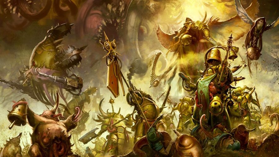 Warhammer 40k Death Guard army guide - Warhammer Community artwork showing Mortarion leading a host of Death Guard and Nurgle daemons