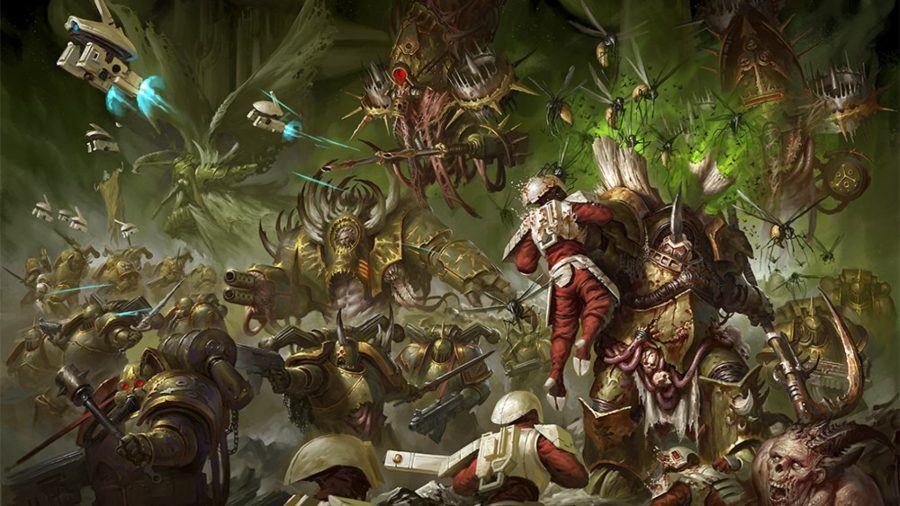 Warhammer 40k Death Guard army guide - Warhammer Community artwork showing Typhus in battle, crushing a Tau soldier