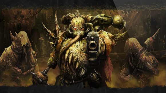 Warhammer 40k Wrath & Glory Lord of the Spire adventure has thousands of Nurglings - Lord of the Spire cover art showing a Plague Marine and cultists