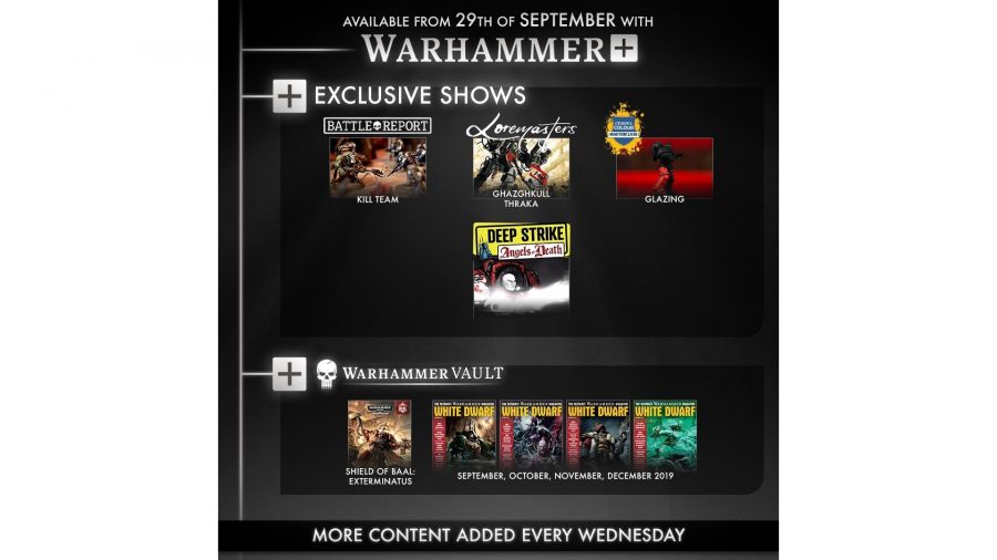 Warhammer Plus Hammer and Bolter new trailer - Warhammer Community graphic showing the new Warhammer plus content from Wednesday, September 29