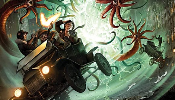 People flee tentacled abominations in a car. Artwork taken from the box of Arkham Horror.