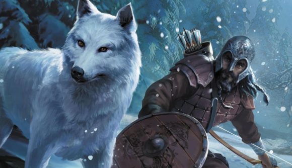 Dungeons and Dragons Baldur's Gate a wolf and Viking warrior crouching in the snow