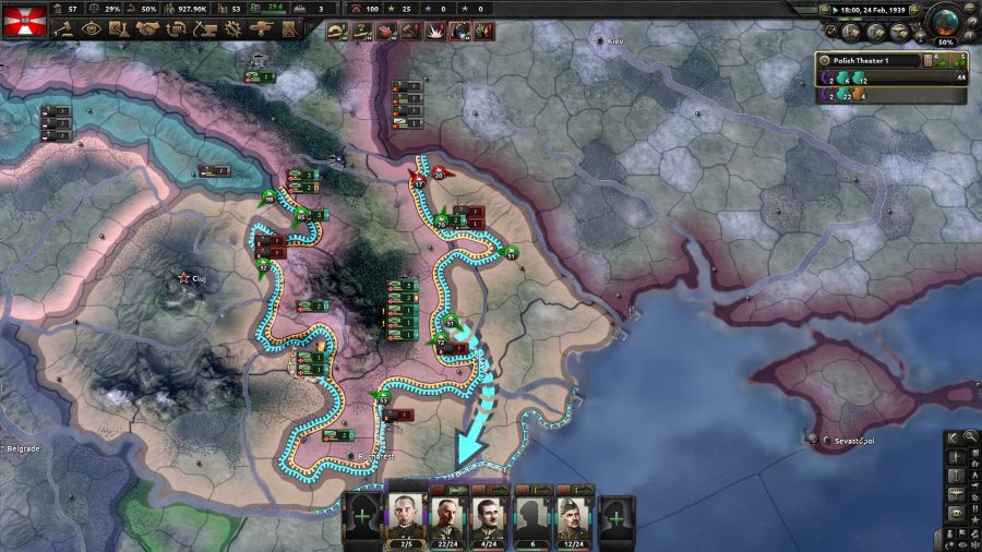 Hearts of Iron 4 achievements - Hearts of Iron 4 screenshot showing troop movements aiming to gain the Bearer of Artillery achievement
