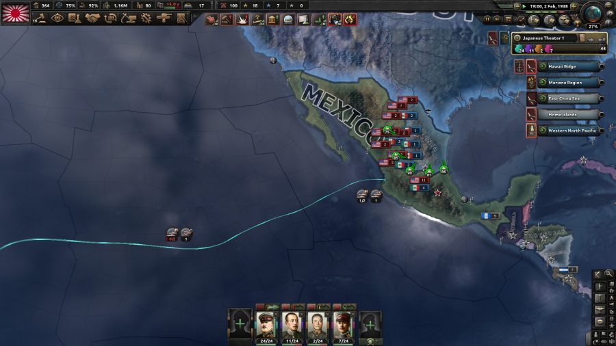 Hearts of Iron 4 achievements - Hearts of Iron 4 screenshot showing Japan invading the west coast of Mexico