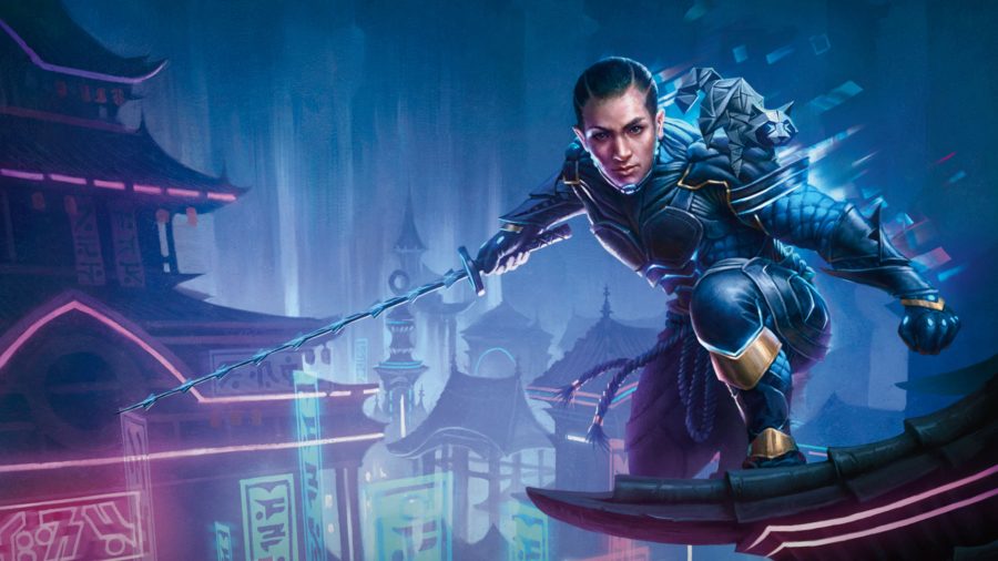 MTG Kamigawa: Neon Dynasty release date the Planeswalker Kaito crouching on a roof, holding a katana