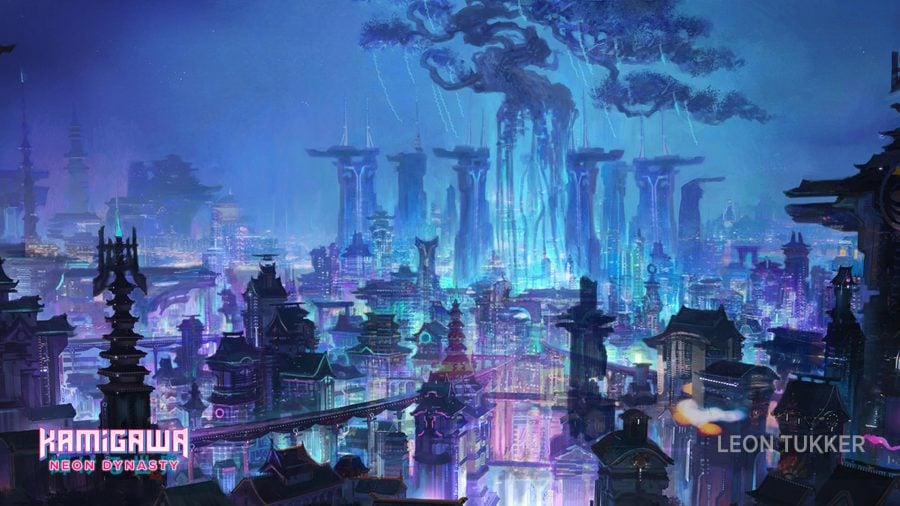 MTG Kamigawa: Neon Dynasty release date a view over a cyberpunk city surrounding a large tree