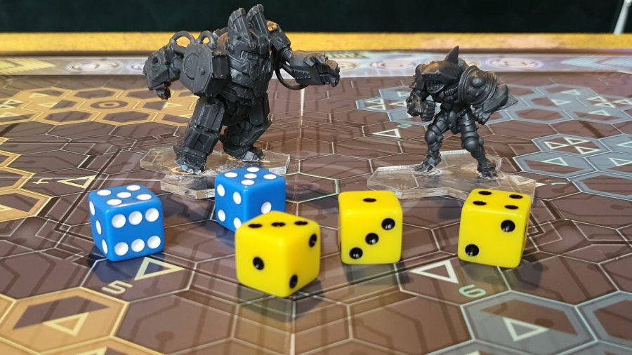 Mantic Games OverDrive review - Author's photo showing the minis for Brank Reborn and Karadon and some dice
