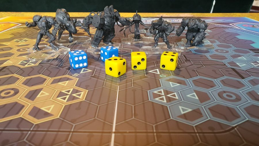 Mantic Games OverDrive review - Author's photo showing the board, minis, and dice in the core set