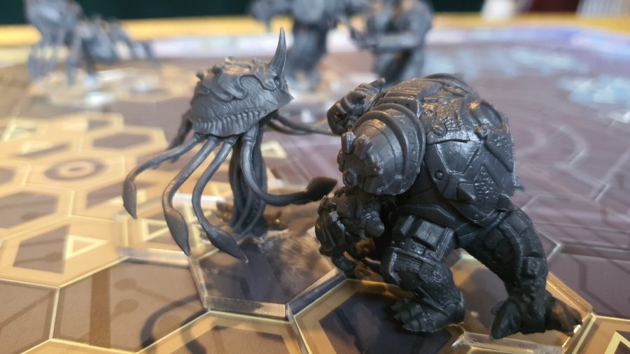 Mantic Games OverDrive review - Author's photo showing the minis for Synechdoche and Dozer in a slam