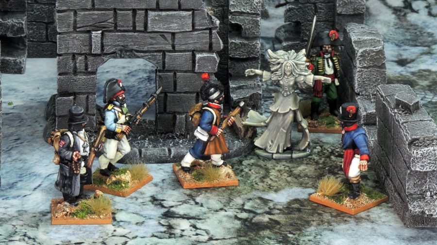 Miniature wargames The Silver Bayonet a ghost miniatures surrounded by Napoleonic soldiers