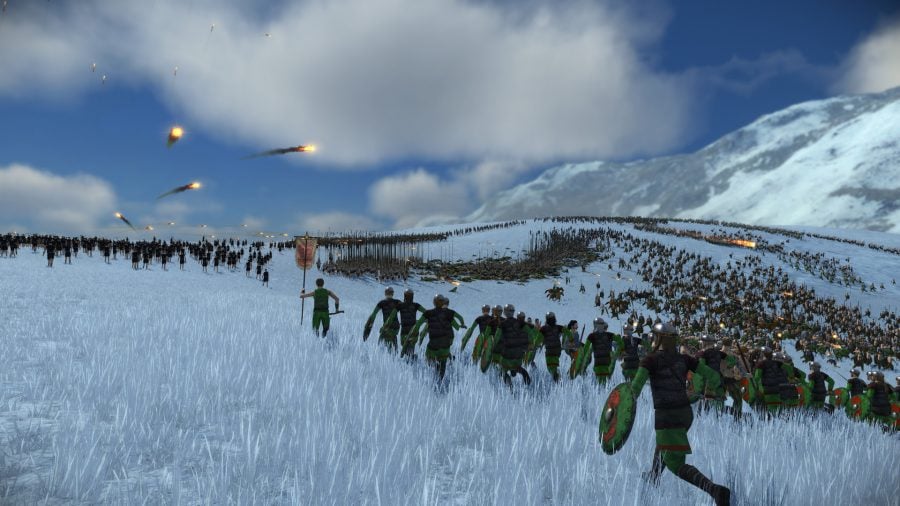 Total War: ROME: The Board Game infantry running through a snowy field