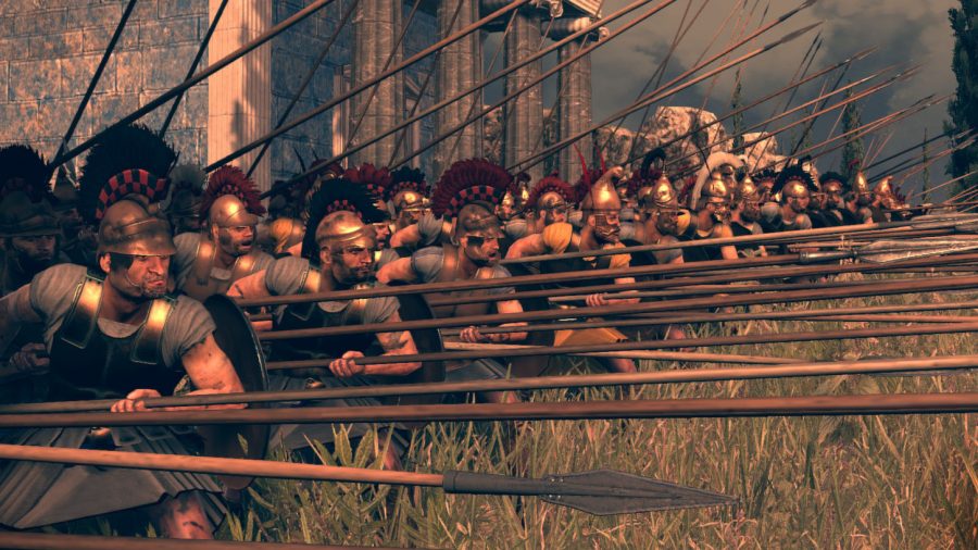 Total War: ROME: The Board Game a line of pike phalanx soldiers