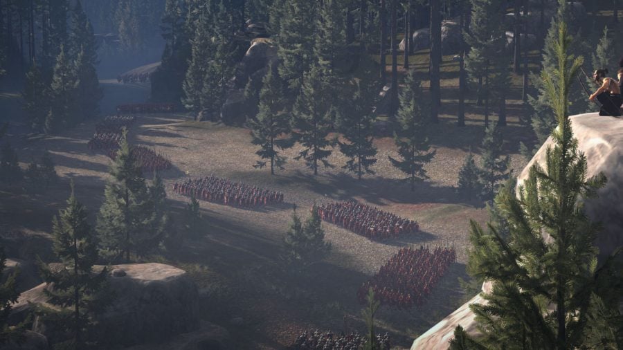 Total War: ROME: The Board Game formations of Roman soldiers moving in a valley