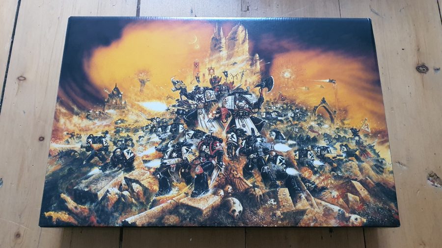 Warhammer 40k Black Templars Army Set review - author photo of the army set inner box decorated by the famous John Blanche artwork