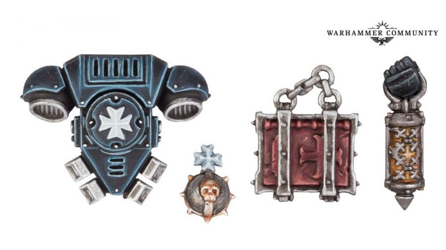 Warhammer 40k Black Templars launch - Warhammer Community photo showing the physical model parts for the new Relic Bearers upgrades