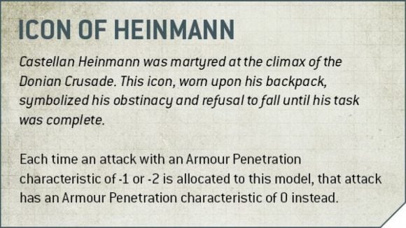 Warhammer 40k Black Templars Relic Bearers rules reveal - Warhammer Community graphic showing the rules for the new Icon of Heinmann upgrade