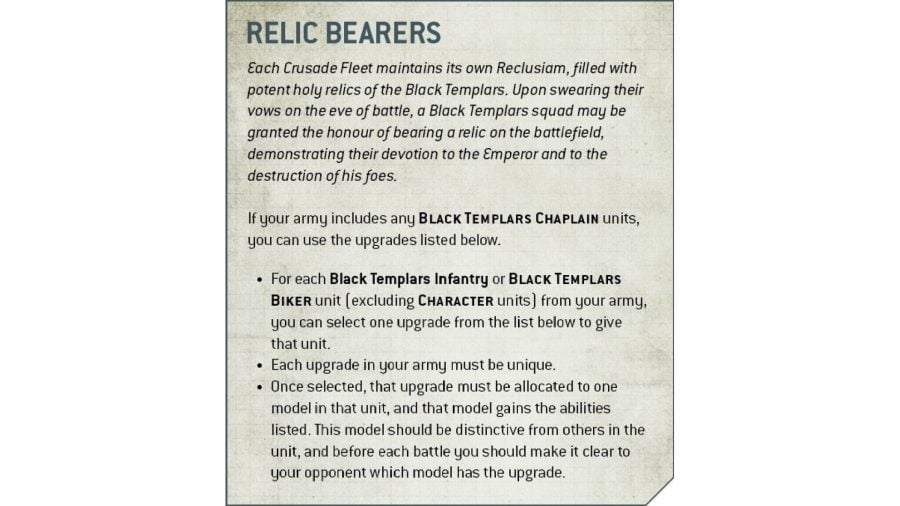 Warhammer 40k Black Templars Relic Bearers rules reveal - Warhammer Community graphic showing the rules for the new Relic Bearers ability