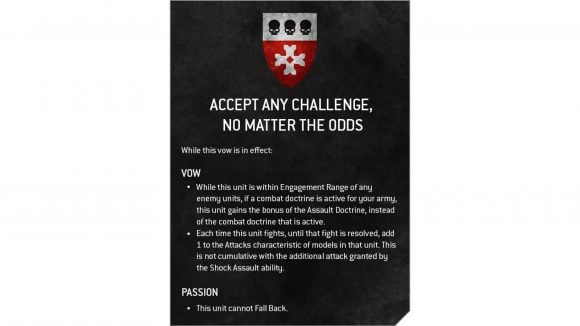 Warhammer 40k Black Templars Vows and Passions - Warhammer Community graphic showing the wording for the Templar Vow Accept Any Challenge, No Matter The Odds