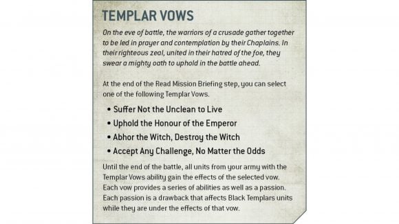 Warhammer 40k Black Templars Vows and Passions - Warhammer Community graphic showing the wording for the Templar Vows rule