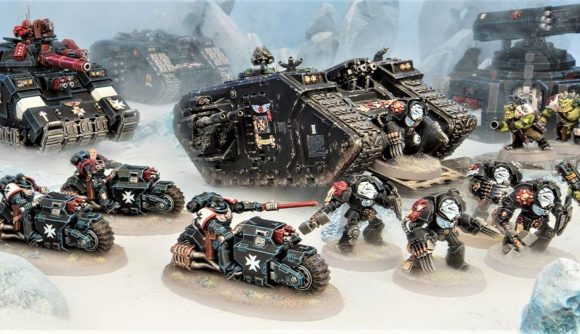 Warhammer 40k Black Templars Vows and Passions - Warhammer Community photo showing Black Templars Terminators, Outriders, and vehicles