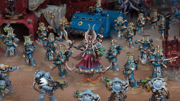Warhammer 40k Thousand Sons Kill Team Warpcovens rules - Warhammer Community photo showing a small force of Thousand Sons models including Ahriman