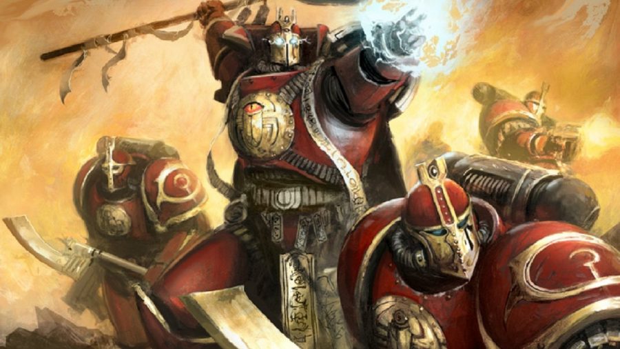 Warhammer 40k Thousand Sons army guide - Warhammer Community artwork showing Thousand Sons legionaries from before the Horus Heresy, in red and gold armour