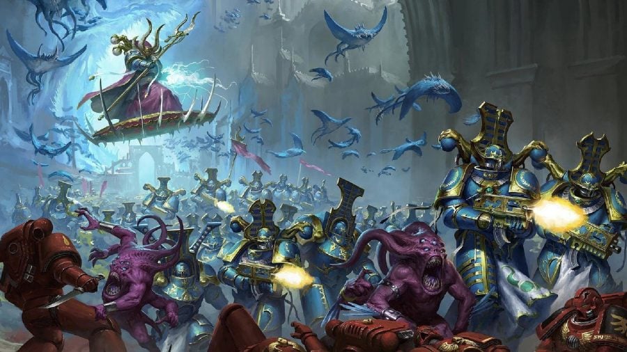 Warhammer 40k Thousand Sons army guide - Warhammer Community artwork showing a large force of Rubric marines and daemons led by Ahriman