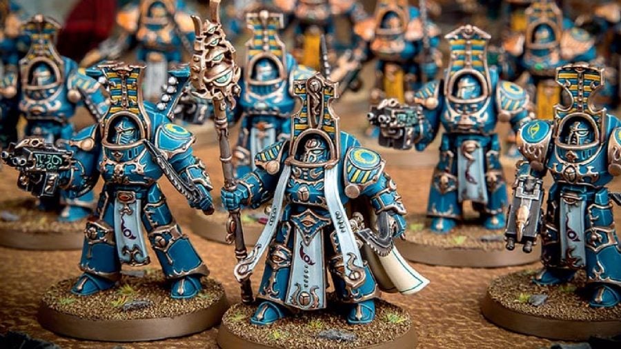 Warhammer 40k Thousand Sons army guide - Warhammer Community photo showing a unit of painted Scarab Occult Terminator models