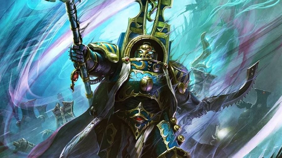 Warhammer 40k Thousand Sons army guide - Warhammer Community artwork showing a Thousand Sons sorcerer in Terminator armour