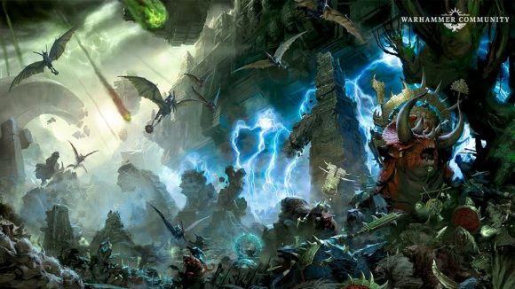 Warhammer Age of Sigmar Seraphon Battletome Update - Warhammer Community artwork showing a Stegadon and other Seraphon in battle, with a collapsing temple