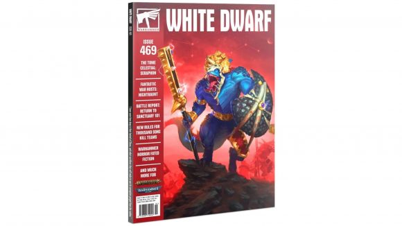 Warhammer Age of Sigmar Seraphon Battletome Update - Games Workshop Webstore photo of the front cover art of White Dwarf Magazine issue 469, showing a Seraphon saurus warrior