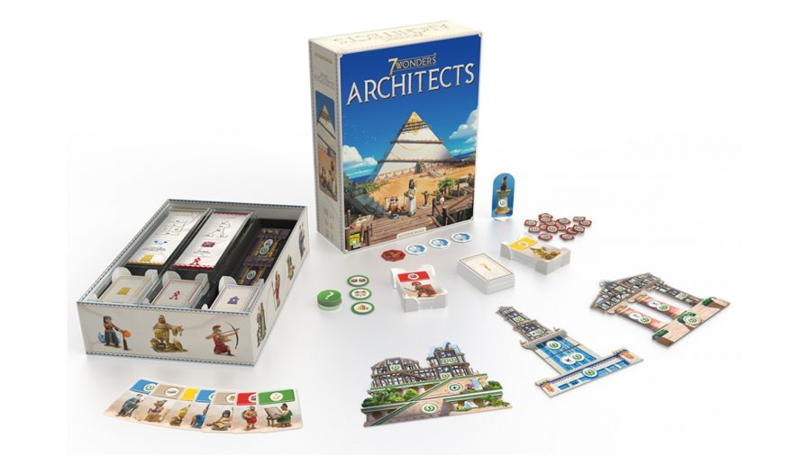 7 Wonders: Architects Review - sales photo showing the open box, cards, and tokens laid out