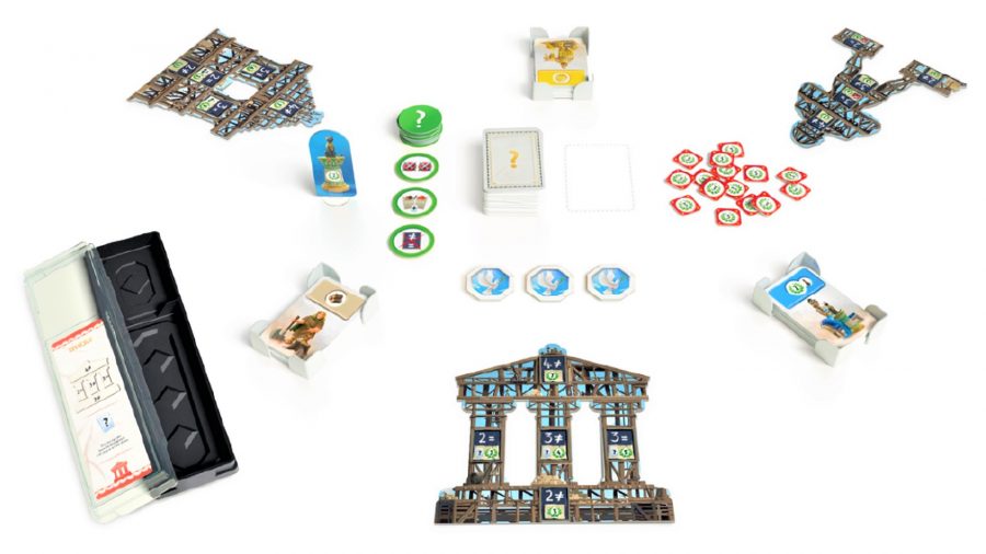 7 Wonders: Architects Review - sales photo showing the Wonders, tokens, and cards for the game with three players