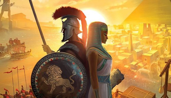 A Greek and Egyptian soldier stand back to back, overlooking a beautiful sunset scene. A pyramid and a river lie behind them. Taken from the box of 7 Wonders: Duel.