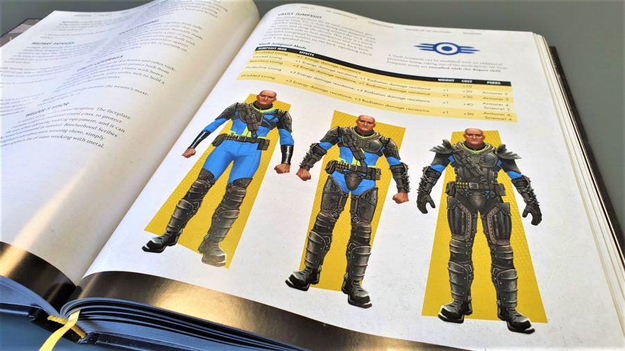 Fallout The Tabletop RPG core book - Author photo showing three types of player armour with a stats table