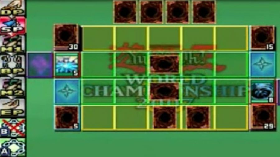 Best Yugioh games guide - screenshot from Yugioh World Championship 2007, showing a Yugioh TCG tabletop game from a top down perspective