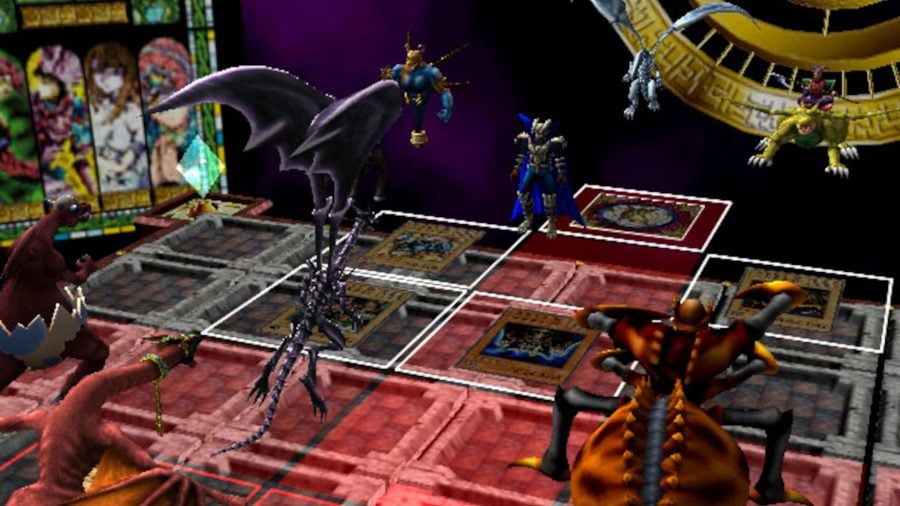 Best Yugioh games guide - screenshot from Yugioh Duelist of the Roses showing a battle in a space hangar