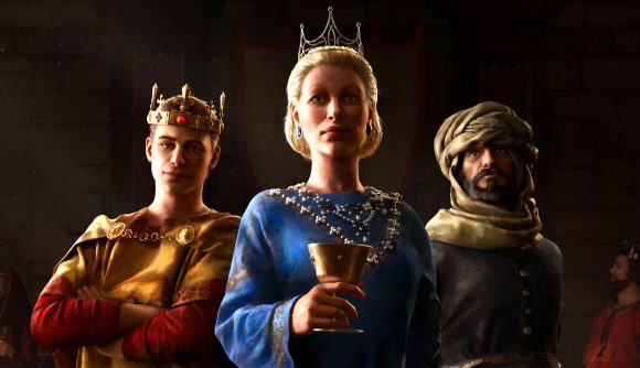Crusader Kings 3 Royal Court release date three monarchs standing in a triangle, one holding goblet