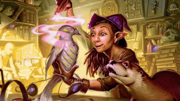 D&D Wizards of the Coast videogame a gnome casting a spell on a metal bird