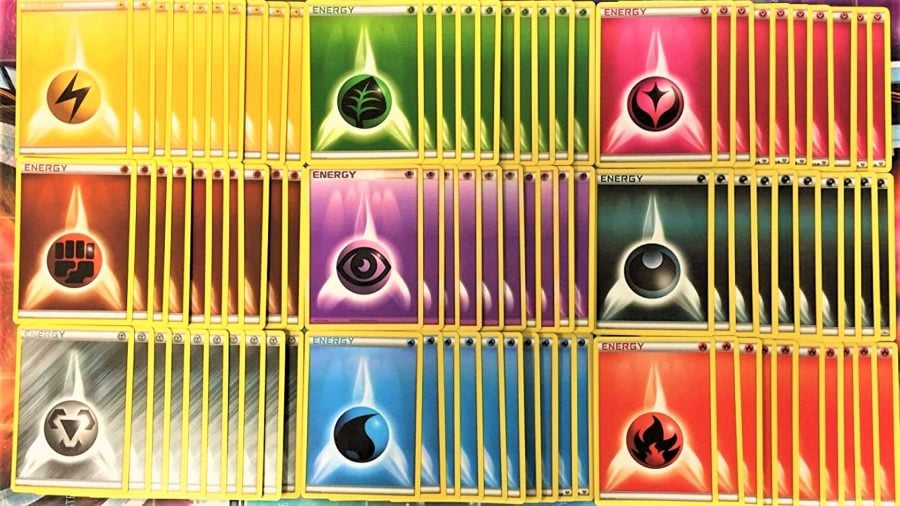 Fake Pokemon cards guide - amazon sales photo showing Pokemon TCG energy cards of multiple types