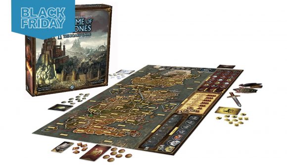A Game of Thrones Board game all laid out. There is a Black Friday flag to the top left.