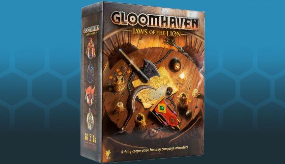 Gloomhaven: Jaws of the Lion box art of a table in a tavern covered with weapons and a map